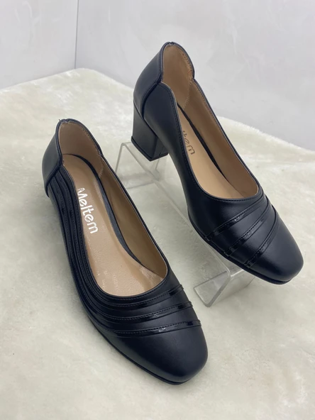 ÇİĞDEM SİYAH DERİ KÜT BURUN ALÇAK TOPUKLU AYAKKABI (AS4) - Resim 9