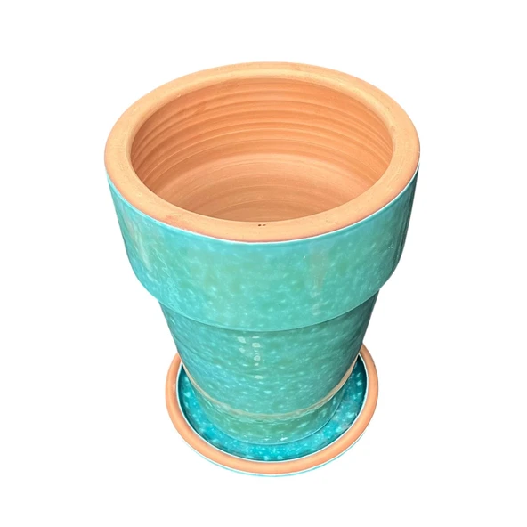 Bitki Tasarımı Jaar Turkuaz Çift Sırlı İç ve Dış Mekan Kullanımlı Toprak Terrakota Tabaklı Saksı - Resim 3