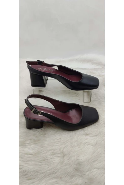 ÇİĞDEM DERİ KÜT BURUN SİYAH ARKASI AÇIK KALIN ÖKÇE AYAKKABI - Resim 2