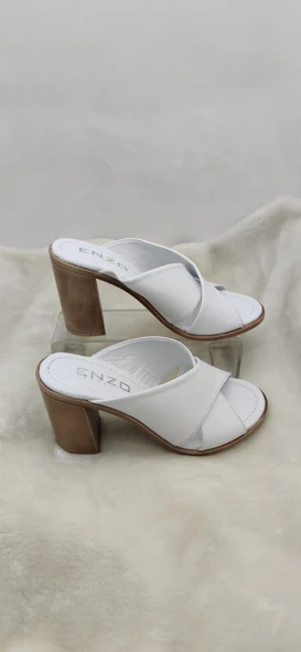 ÇİĞDEM GERÇEK DERİ BEYAZ ÇAPRAZ KESİM TOPUKLU TERLİK (T6) - 3