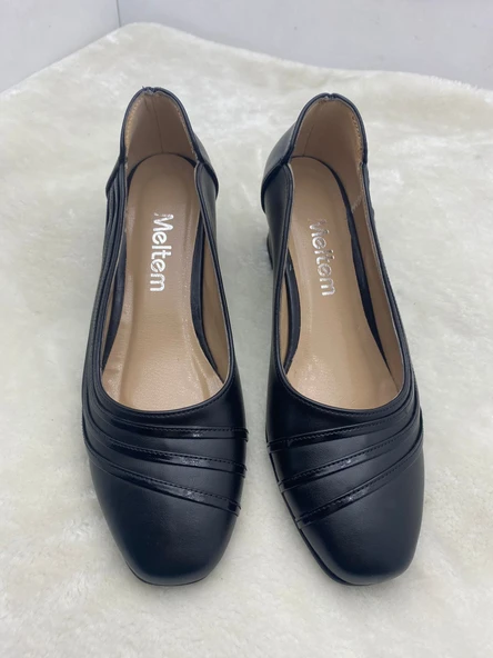 ÇİĞDEM SİYAH DERİ KÜT BURUN ALÇAK TOPUKLU AYAKKABI (AS4) - Resim 2