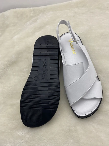 VOYAGER 8807 BEYAZ HAKİKİ DERİ ORTOPEDİK KADIN SANDALET - Resim 7