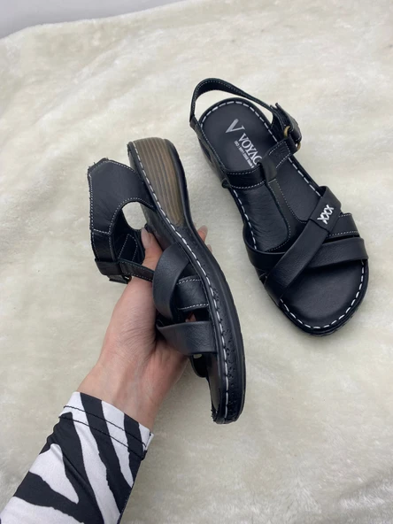 VOYAGER 7955 SİYAH HAKİKİ DERİ ORTOPEDİK İNCE ÇAPRAZ KADIN SANDALET - Resim 9