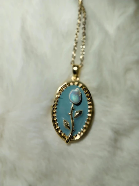 Kadın Çelik Turkuaz Vintage Çerçeveli Mineli Lale Gül Kolye Sevgiliye Özel - 2