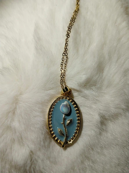 Kadın Çelik Turkuaz Vintage Çerçeveli Mineli Lale Gül Kolye Sevgiliye Özel - 3