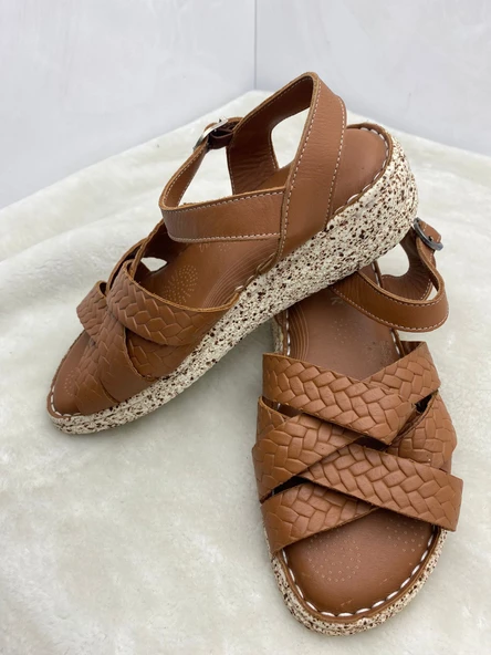 VOYAGER 8433 TABA HAKİKİ DERİ ORTOPEDİK ÖRGÜLÜ KADIN SANDALET ürün görseli 1