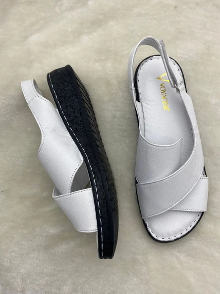 VOYAGER 8807 BEYAZ HAKİKİ DERİ ORTOPEDİK KADIN SANDALET - 5