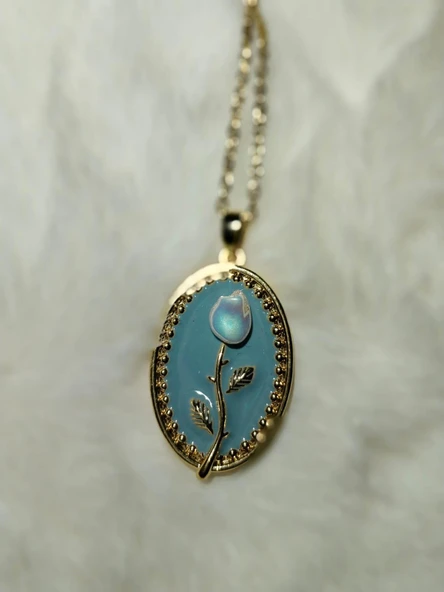 Kadın Çelik Turkuaz Vintage Çerçeveli Mineli Lale Gül Kolye Sevgiliye Özel