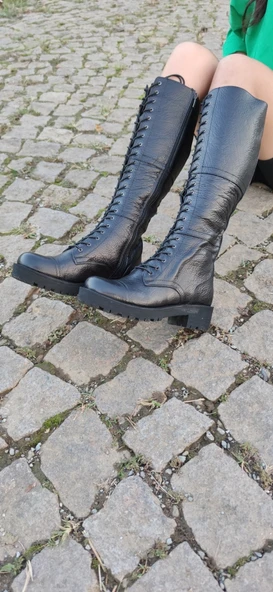 BURÇ GERÇEK DERİ SİYAH BAĞLI UZUN POSTAL ÇİZME (Ç1) - Resim 2