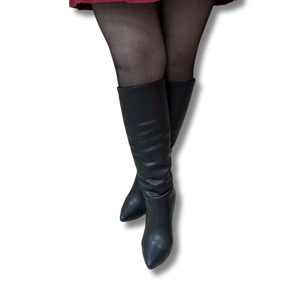 ÇİĞDEM SİYAH DERİ BÜZMELİ FERMUARSIZ DİZ ALTI ÇİZME - 6