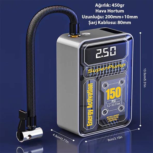 EZERE 150psi Tasinabilir Araba yüksek güçlü elektrikli kablosuz lastik hava pompasi - 6