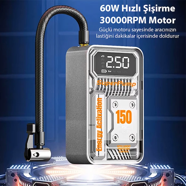 EZERE 150psi Tasinabilir Araba yüksek güçlü elektrikli kablosuz lastik hava pompasi - 3