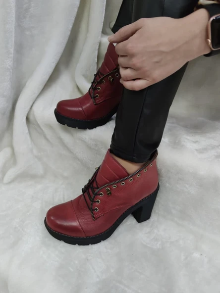 ÇİĞDEM GERÇEK DERİ LASTİK BAĞLI PLATFORM BORDO KISA KADIN BOT (B2A) - Resim 5