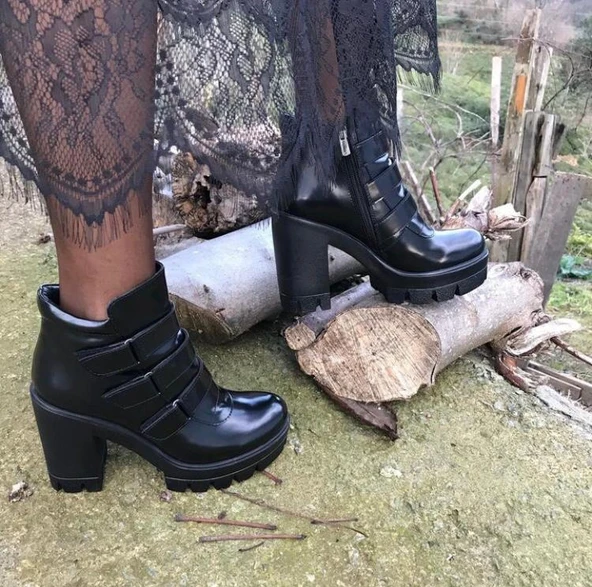 VENÜS SİYAH GERÇEK DERİ ÜÇ BANTLI PLATFORM TOPUKLU KADIN BOT (B30) - Resim 2