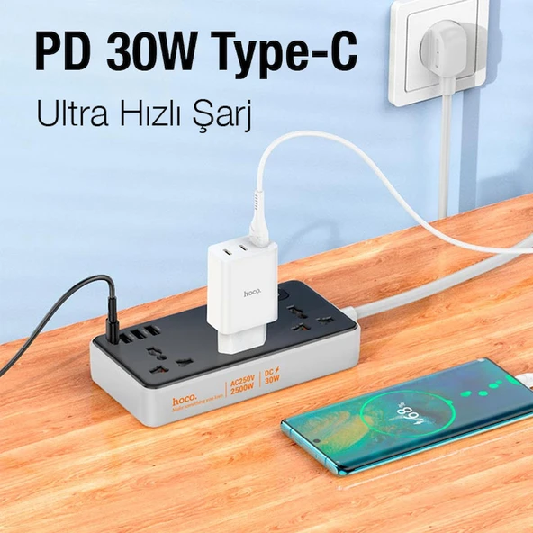 HOCO AC8A 2500W 3 Priz + 3 USB + 30W Type-C Multifonksiyonel Priz Çoğaltıcı Şarj Aleti - 4