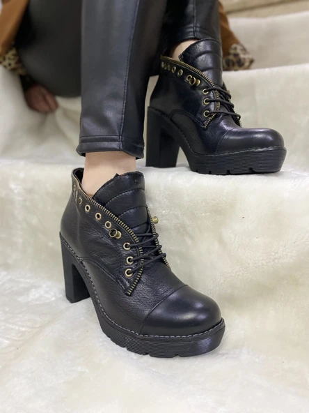 ÇİĞDEM GERÇEK DERİ LASTİK BAĞLI PLATFORM BORDO KISA KADIN BOT (B2A) - Resim 4