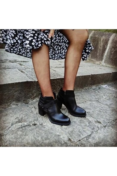 BURÇ SİYAH GERÇEK DERİ FERMUARLI TOPUKLU KADIN BOT (B15) - Resim 2