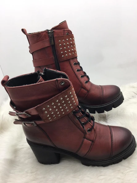 ÇİĞDEM BORDO GERÇEK DERİ KALIN TABAN KALIN TOPUK TAŞ DETAYLI POSTAL (B3) - 2