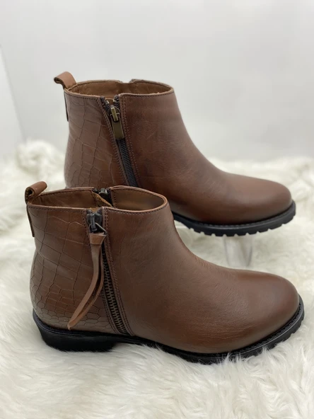 BURÇ GERÇEK DERİ TABA ÇİFT FERMUARLI PÜSKÜL DETAYLI BİLEK BOY BOT (B1A) - Resim 2