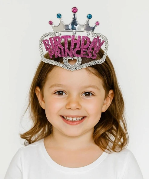 NessiWorld GümüşRenkTaçÜzeriPembeBirthdayPrensesYazılıÇocukPartiTacı11X12cm ürün görseli