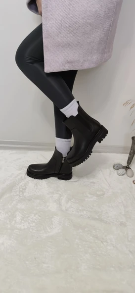 BURÇ GERÇEK DERİ SİYAH YANI FERMUARLI  LASTİK DETAYLI BOT (B10) - Resim 2