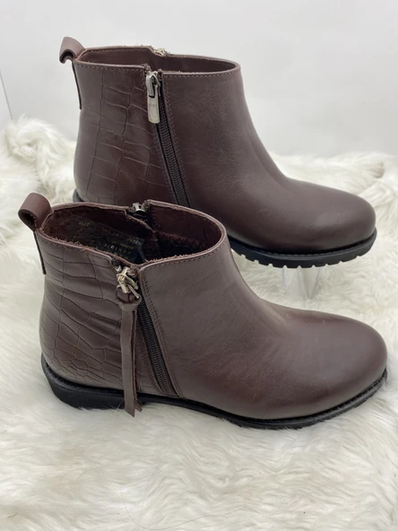 BURÇ GERÇEK DERİ TABA ÇİFT FERMUARLI PÜSKÜL DETAYLI BİLEK BOY BOT (B1A) - Resim 3