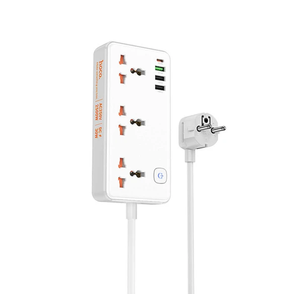 HOCO AC8A 2500W 3 Priz + 3 USB + 30W Type-C Multifonksiyonel Priz Çoğaltıcı Şarj Aleti - 7