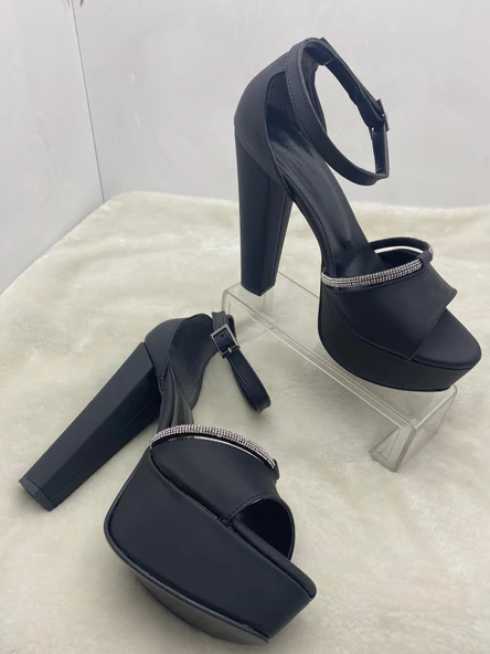 ÇİĞDEM  SİYAH SATEN BİLEKTEN TOKALI TAŞLI PLATFORM TOPUKLU AYAKKABI - Resim 4