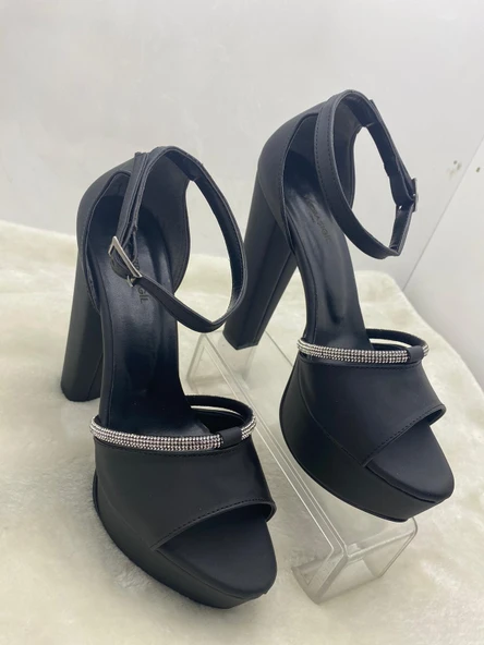 ÇİĞDEM  SİYAH SATEN BİLEKTEN TOKALI TAŞLI PLATFORM TOPUKLU AYAKKABI - Resim 8