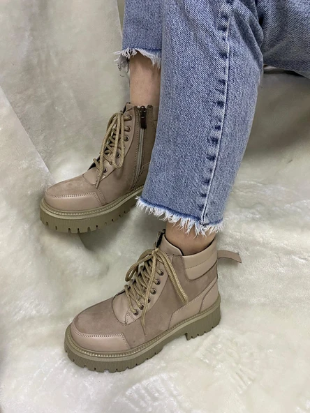 ÇİĞDEM GERÇEK CRAYZ DERİ BEJ FERMUARLI KADIN BOT (ENZO B6A) - Resim 2