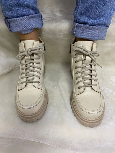 ÇİĞDEM GERÇEK DERİ KREM BAĞLI KADIN BOT (B1B) - Resim 2