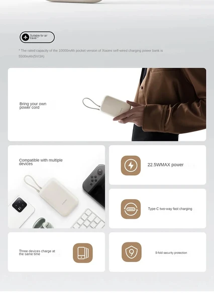 Xiaomi Pocket Edition Pro P15ZM Bej 10000 mAh Type-C Kablolu Hızlı Şarj Powerbank (Xiaomi Türkiye Garantili) - 7