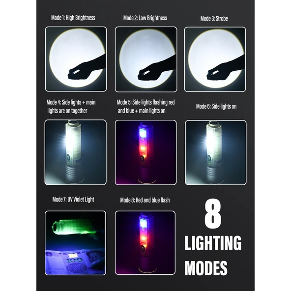 Profesyonel TG LED Güçlü 8 Modlu Type-C 1000 Lümen Polis Çakarlı Şarjlı El Feneri - 3