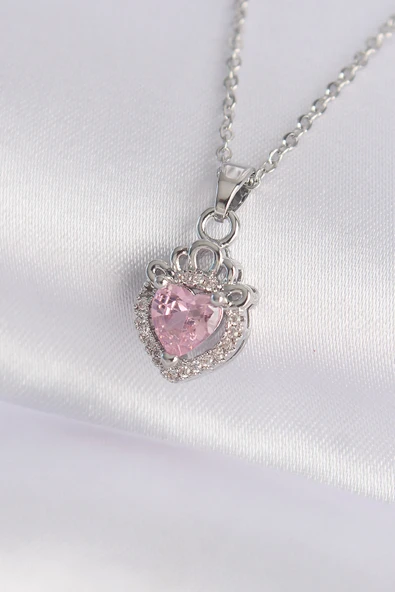 316L Çelik Zincir Gümüş Renk Pembe Zirkon Taşlı Rapunzel Kolye - TJ-BKO8691 - 2