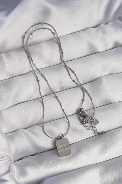 316L Çelik Gümüş Renk Kare Charm Model Kolye - TJ-BKO8927 - 2