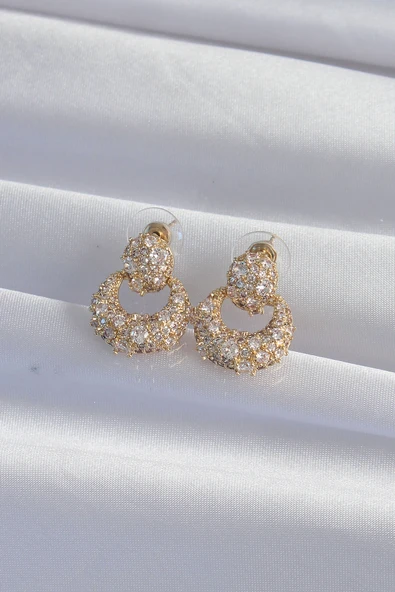 Pirinç Gold Renk Zirkon Taşlı Oval Form Küpe - TJ-BKP9273 - 2