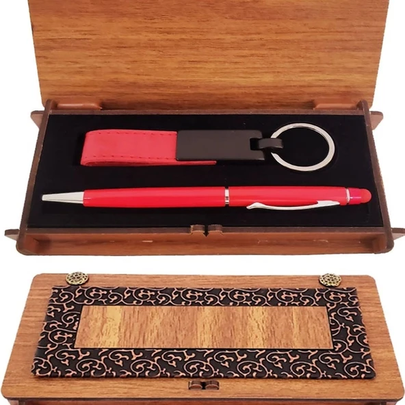Ahşap Kutulu Kırmızı Kalem Ve Anahtarlık Set - 1