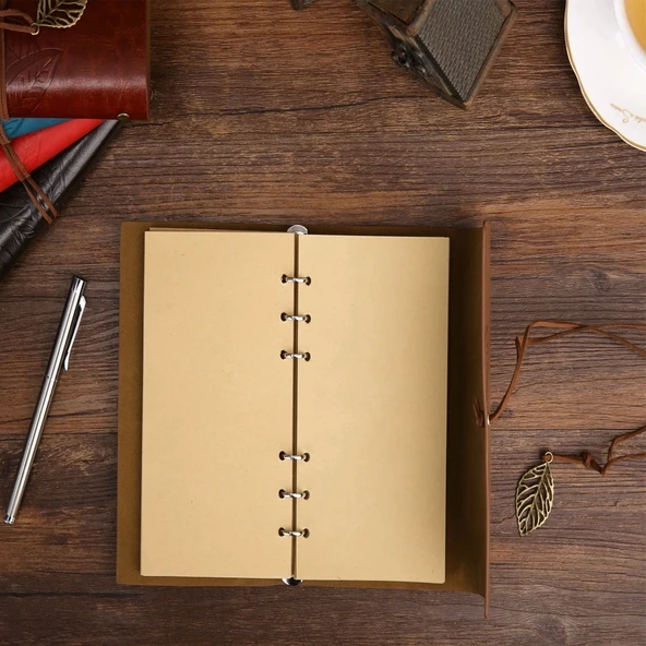 Yaprak Desenli Çizgisiz Deri Defter - 4