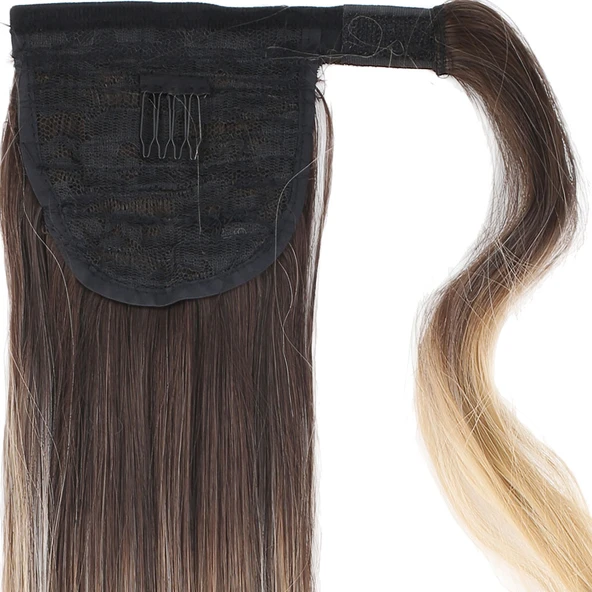 Bağlamalı Düz At Kuyruğu - Kahve / Bal Köpüğü Ombre ve Platin Işıltılı - 4