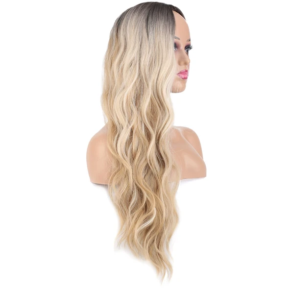 Uzun Su Dalgası Fiber Sentetik Peruk - Kumral / Bal Köpüğü Ombre ve Platin Röfleli - 2