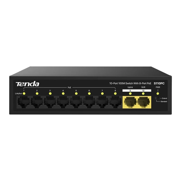 TENDA S110PC 8FE PoE Port (80W), 2FE Uplink Desktop Switch ürün görseli