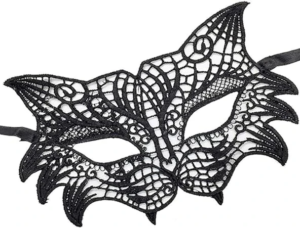 Siyah Renk Kedi Model Dantel İşleme Parti Maskesi 8 No - Resim 3