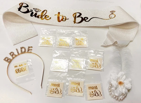 Altın Renk Bride Partisi Taç Kuşak Dövme Bileklik Seti Full 13 Parça - 2