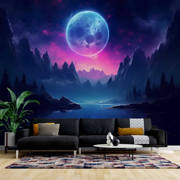 Gece Ay Orman Göl Manzaralı Duvar Kağıdı