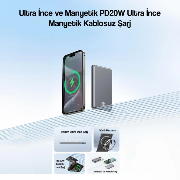 Usams Kablosuz Şarj Mıknatıslı MagSafe Ultra Slim Alüminyum 5000mAh 20W Powerbank CD22002-Mor - 4