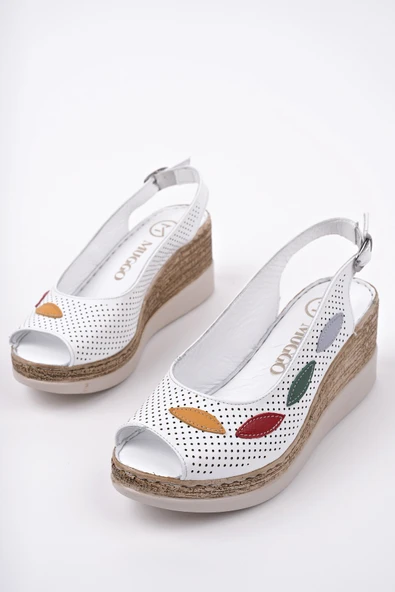 Muggo FİLYOS Hakiki Deri Arkası Açık Dolgu Topuklu Ayarlanabilir Kemerli Delikli Günlük Kadın Sandalet - 12