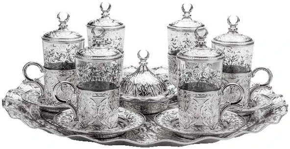 SENA Ab-ı Hayat 27 Parça Gümüş Renkli Yuvarlak Tepsili 6 Kişilik Çay Takımı Kutulu - 2