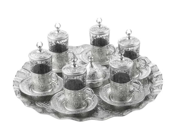 SENA Ab-ı Hayat 27 Parça Gümüş Renkli Yuvarlak Tepsili 6 Kişilik Çay Takımı Kutulu