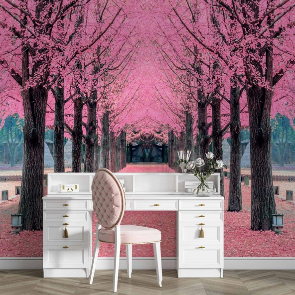 Pembe Ağaç Orman Manzaralı Duvar Kağıdı - Resim 4