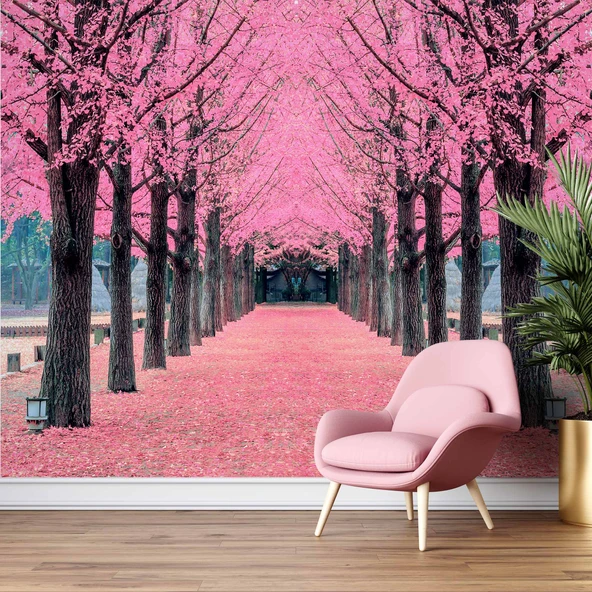 Pembe Ağaç Orman Manzaralı Duvar Kağıdı - Resim 6
